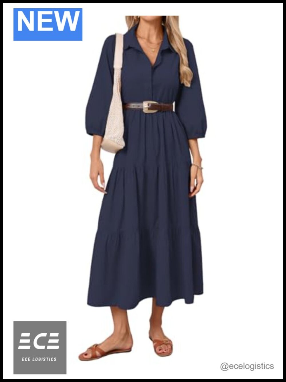 Button Down Maxi Shirt Dress 3/4 Sleeve Tiered Collared Pockets